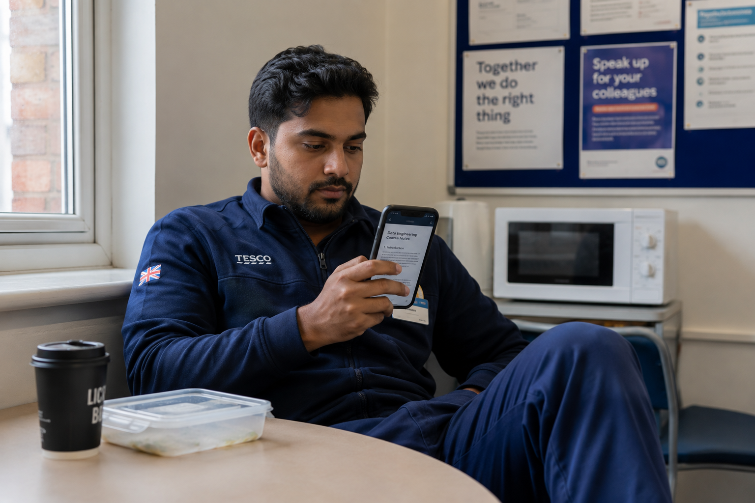 A man in work uniform reading course notes on his phone during a break in a quiet staff room — natural daylight, everyday and relatable.