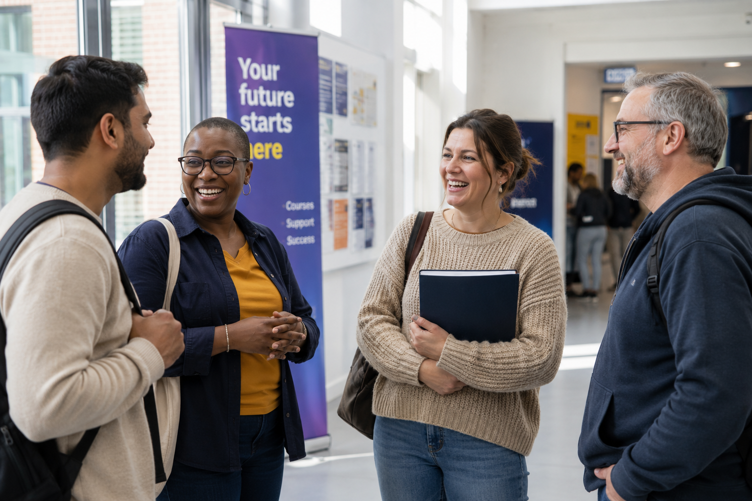 A small, diverse group of adult learners of mixed ages chatting in a bright college corridor — friendly and unposed, natural daylight, welcoming tone.