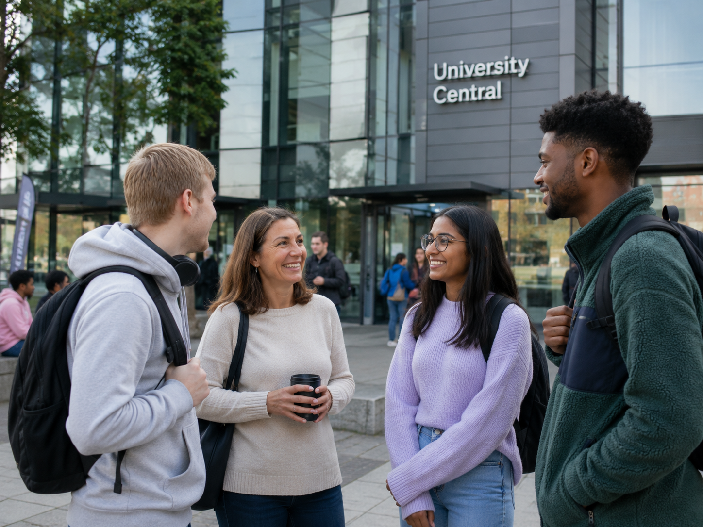 A mixed-age group of students chatting outside a modern university building, relaxed and genuine expressions, daytime, campus setting.
