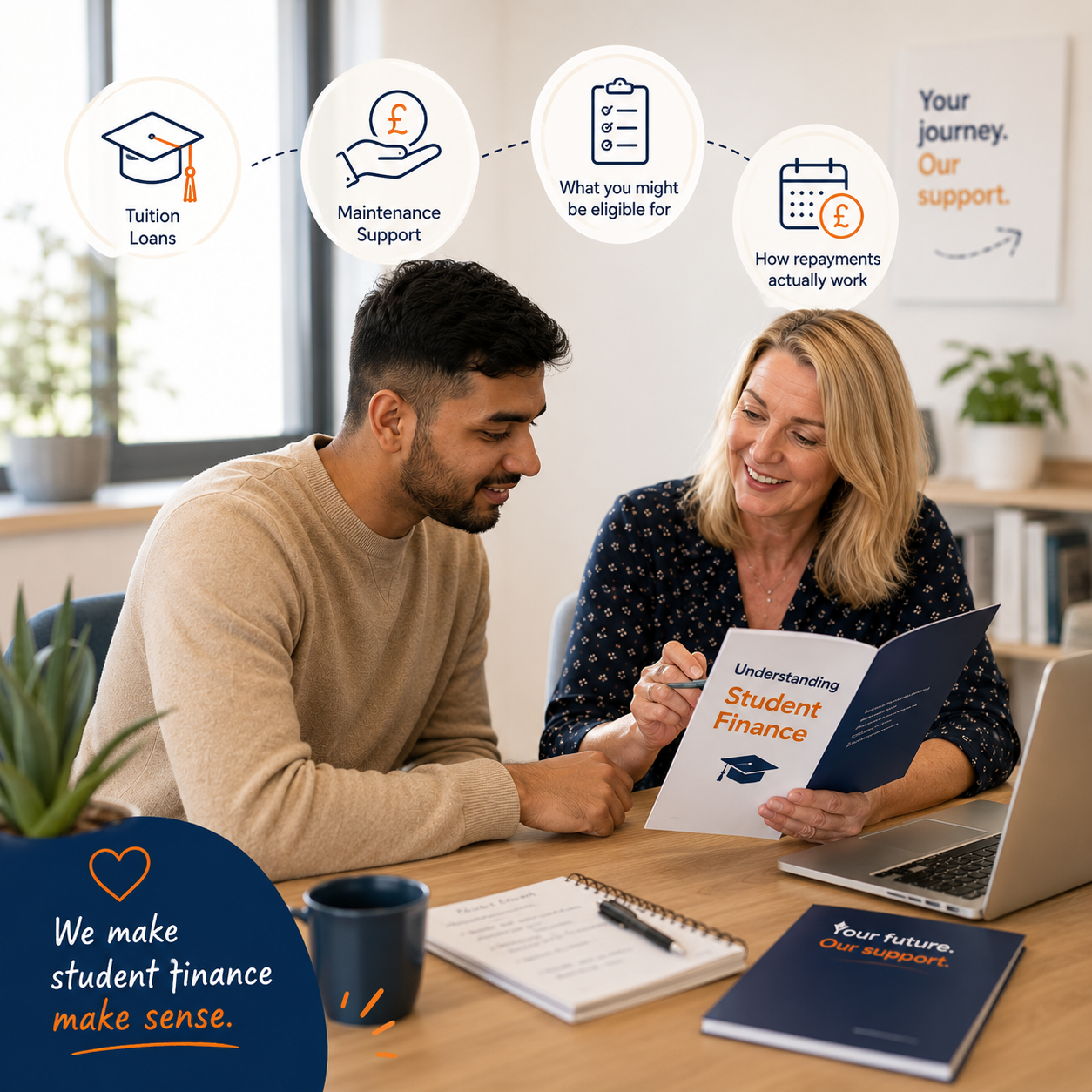 Adviser & learner going through finance, relaxed