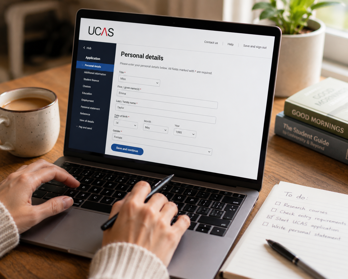 Close-up of hands filling in a course application form or laptop screen showing a UCAS-style application, coffee cup nearby — conveys the practical, doable first step of applying.